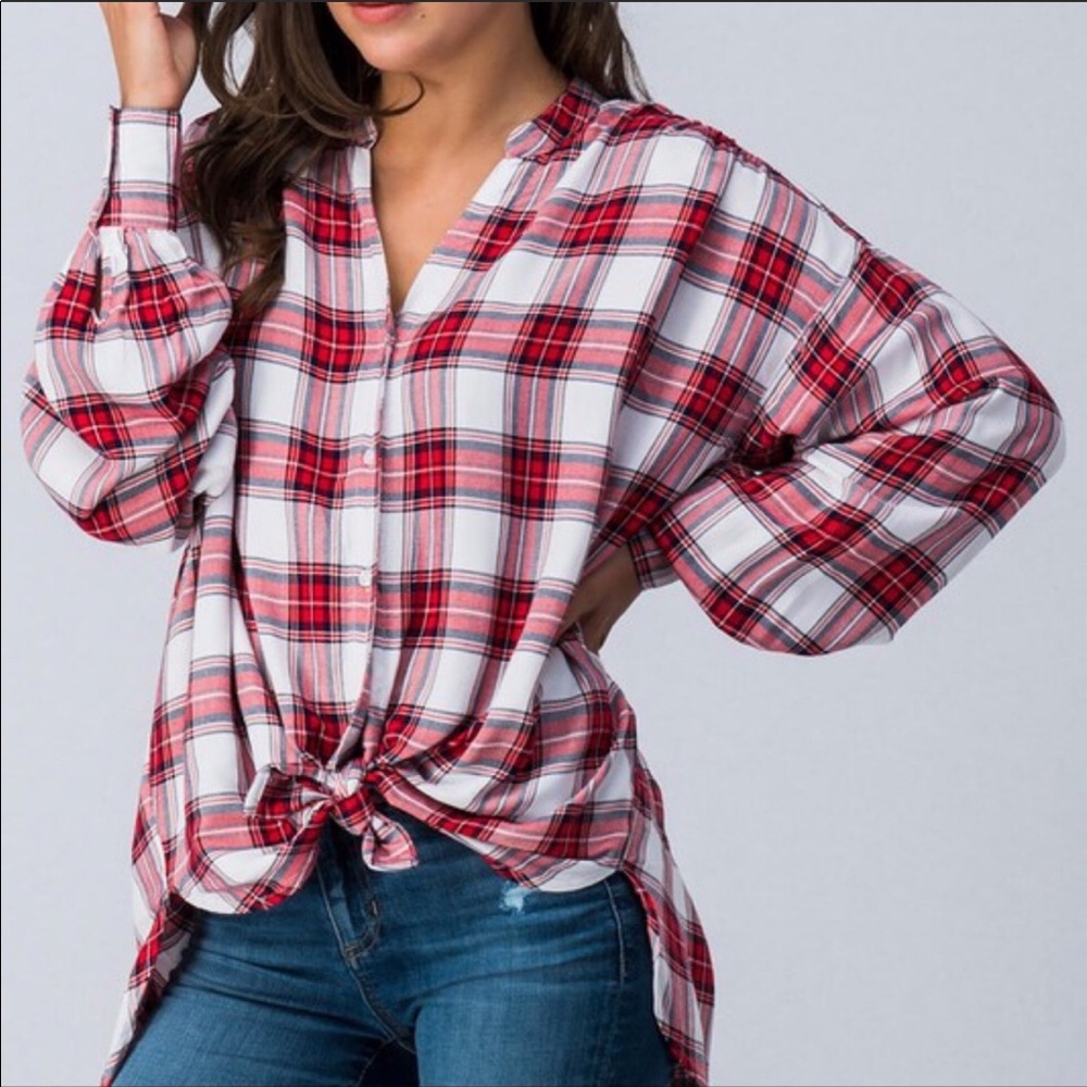 Plaid Tie Front Blouse